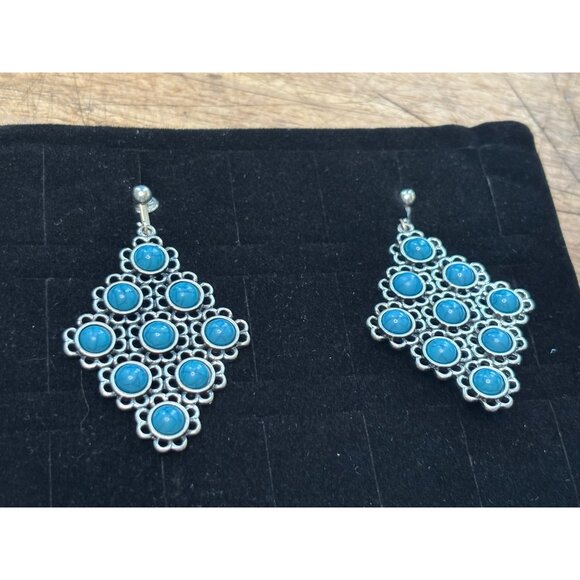 Silver-Tone Drop Earrings With Blue Stone Accents & Floral Design - Picture 6 of 6